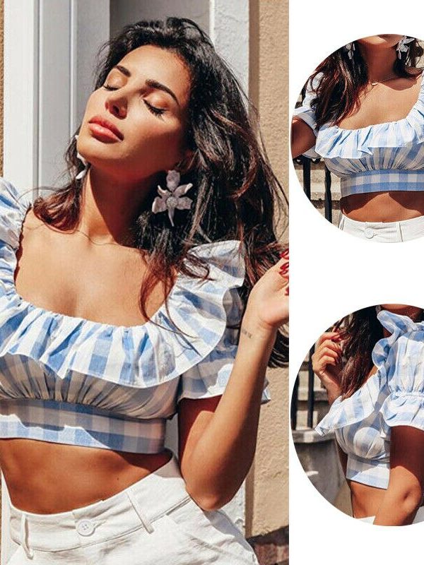 The Best Women's Lotus Leaf Neck Plaid Cami Vest Casual Crop Top Fashion Short Sleeve Summer Beach Tank Tops Blouse Shirt Online - Takalr