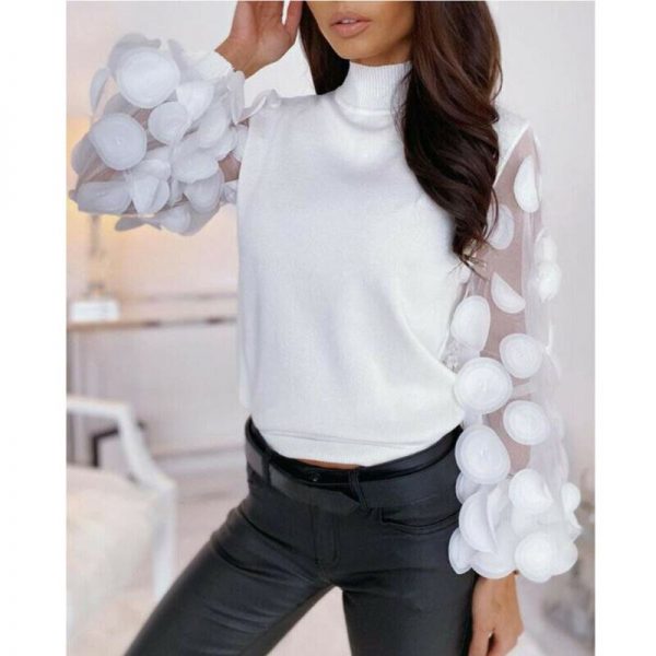 The Best Women's Mesh Puff Long Sleeve Knitted Shirt Spring Autumn Ribbed Loose Casual Vintage Blouse Tops Sexy Elegant Turtleneck Femme Online - Takalr