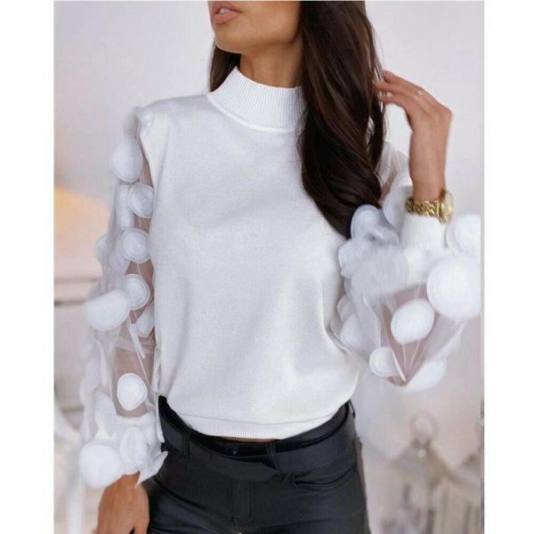 The Best Women's Mesh Puff Long Sleeve Knitted Shirt Spring Autumn Ribbed Loose Casual Vintage Blouse Tops Sexy Elegant Turtleneck Femme Online - Takalr