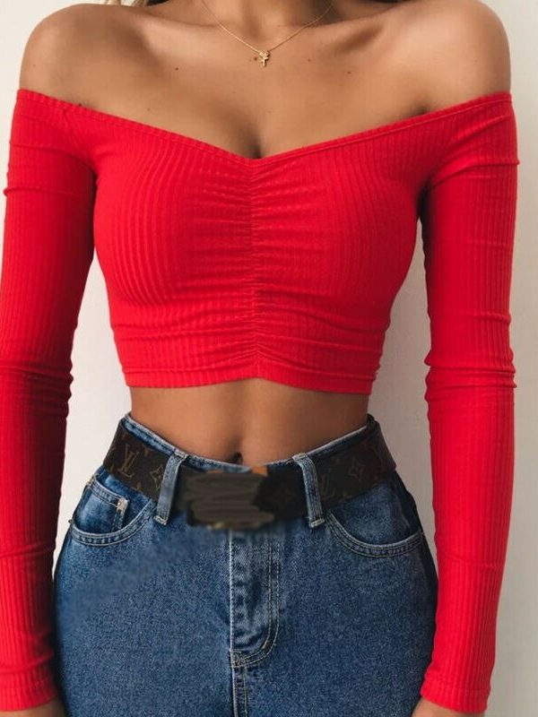 The Best Women's Off Shoulder Shirt Crop Tops Sexy Ladies Holiday Long Sleeve Casual Tee Jumper Vest Cami Tank Top Online - Takalr