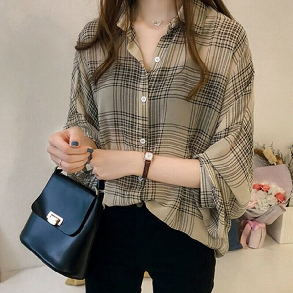 The Best Women's Plaid Long Sleeve Loose Top Shirt OL Ladies Casual Shirt Summer Tops Plus Size T-Shirt Women Clothes Online - Takalr