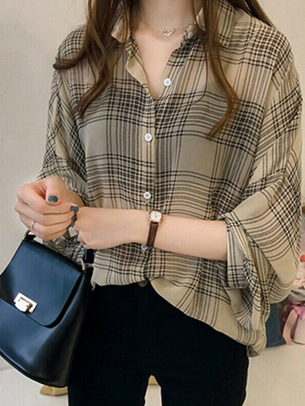 The Best Women's Plaid Long Sleeve Loose Top Shirt OL Ladies Casual Shirt Summer Tops Plus Size T-Shirt Women Clothes Online - Takalr