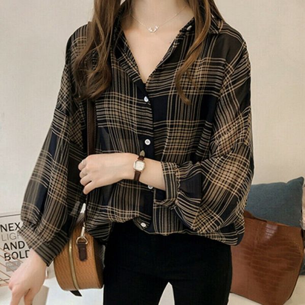 The Best Women's Plaid Long Sleeve Loose Top Shirt OL Ladies Casual Shirt Summer Tops Plus Size T-Shirt Women Clothes Online - Takalr