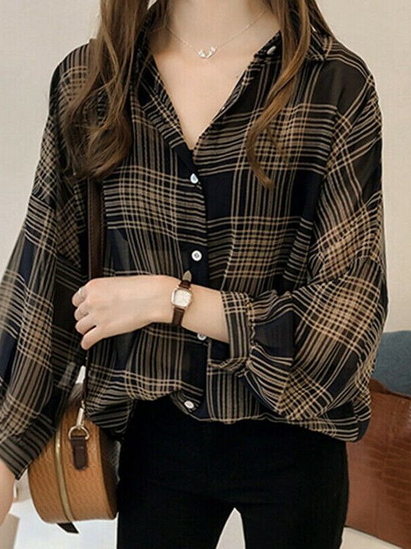 The Best Women's Plaid Long Sleeve Loose Top Shirt OL Ladies Casual Shirt Summer Tops Plus Size T-Shirt Women Clothes Online - Takalr