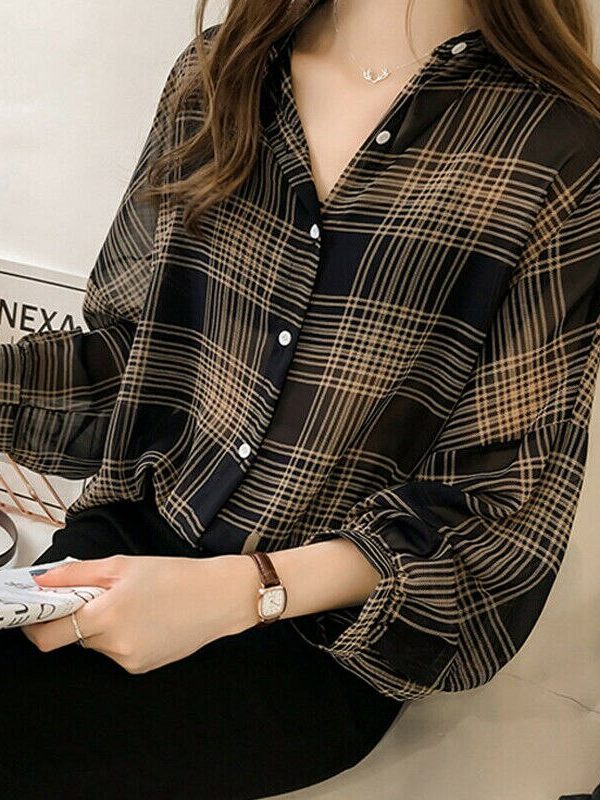 The Best Women's Plaid Long Sleeve Loose Top Shirt OL Ladies Casual Shirt Summer Tops Plus Size T-Shirt Women Clothes Online - Takalr