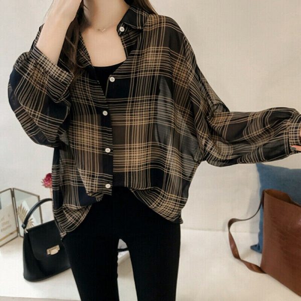 The Best Women's Plaid Long Sleeve Loose Top Shirt OL Ladies Casual Shirt Summer Tops Plus Size T-Shirt Women Clothes Online - Takalr