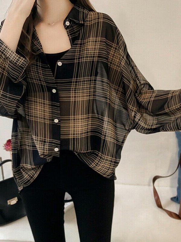 The Best Women's Plaid Long Sleeve Loose Top Shirt OL Ladies Casual Shirt Summer Tops Plus Size T-Shirt Women Clothes Online - Takalr