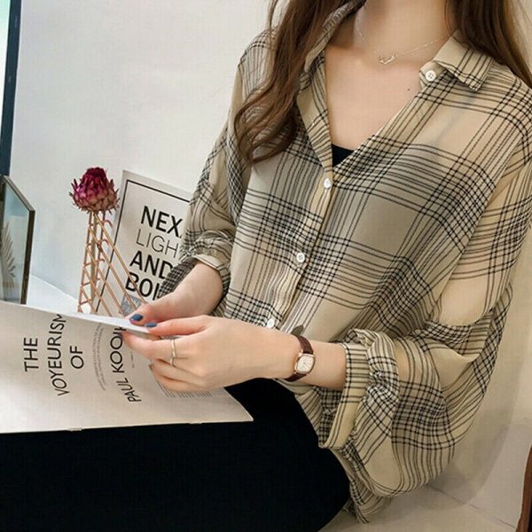 The Best Women's Plaid Long Sleeve Loose Top Shirt OL Ladies Casual Shirt Summer Tops Plus Size T-Shirt Women Clothes Online - Takalr