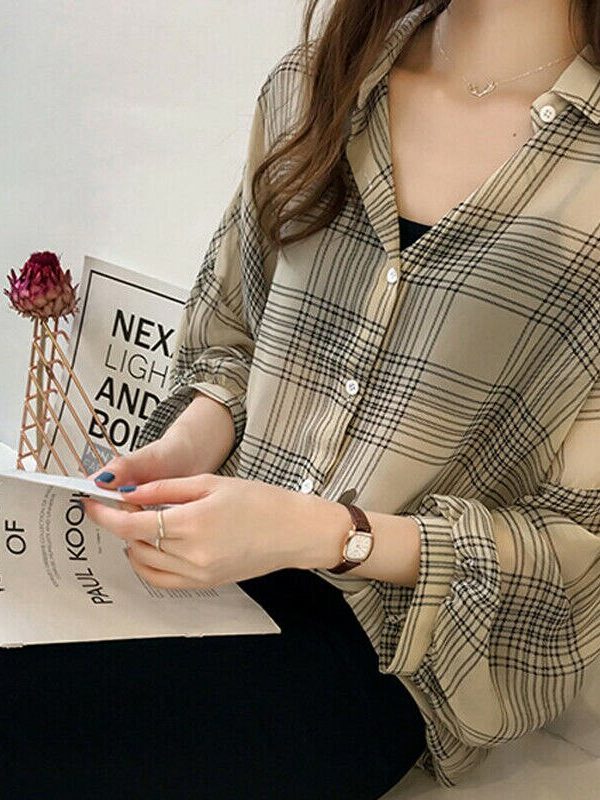 The Best Women's Plaid Long Sleeve Loose Top Shirt OL Ladies Casual Shirt Summer Tops Plus Size T-Shirt Women Clothes Online - Takalr