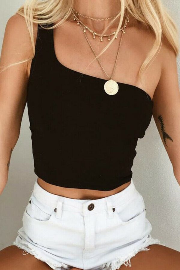 The Best Women's Plain One Shoulder Sleeveless Sports Bra Ladies Bralet Casual Vest Tank Vest Blouse Sleeveless Crop Top Online - Takalr