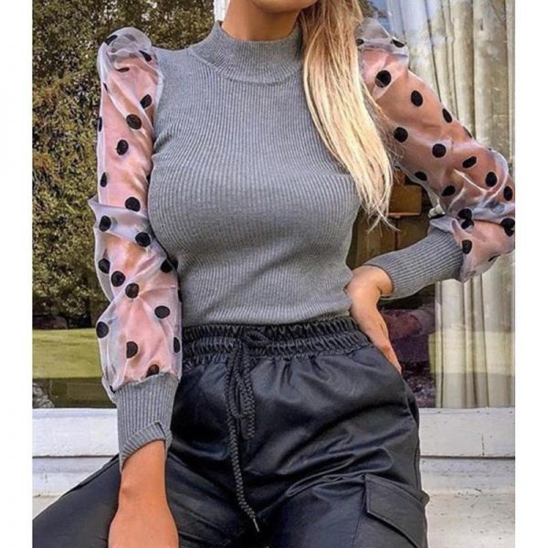 Women's Polka Dots Print Mesh Sleeve Tshirt Vertical Stripe Tops Slim Long Sleeve T Shirt Winter 2Office puff sleeve Blusa - Takalr