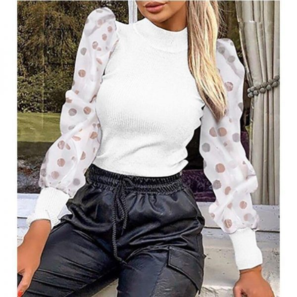 Women's Polka Dots Print Mesh Sleeve Tshirt Vertical Stripe Tops Slim Long Sleeve T Shirt Winter 2Office puff sleeve Blusa - Takalr