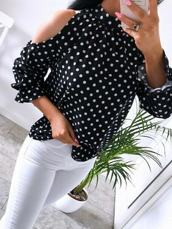 The Best Women's Ruffle Cold Shoulder Long Sleeve Polka Dot Crop Top Shirt Ladies Casual Party Loose Tops T-Shirt Top Online - Takalr