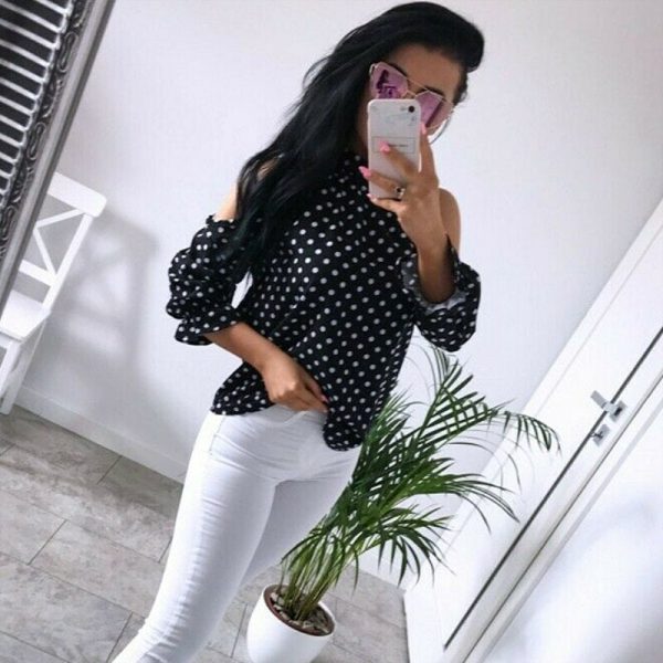 The Best Women's Ruffle Cold Shoulder Long Sleeve Polka Dot Crop Top Shirt Ladies Casual Party Loose Tops T-Shirt Top Online - Takalr