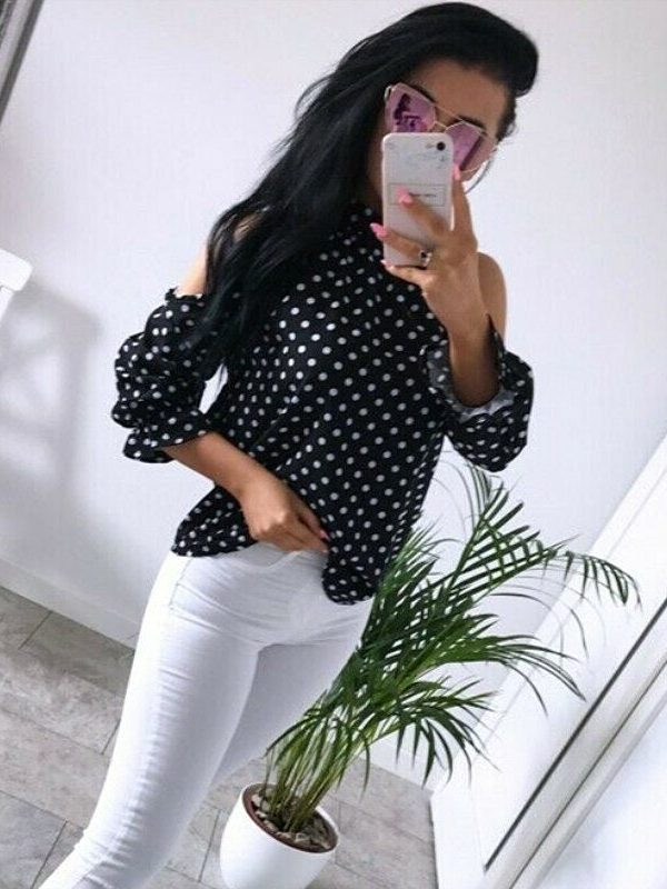 The Best Women's Ruffle Cold Shoulder Long Sleeve Polka Dot Crop Top Shirt Ladies Casual Party Loose Tops T-Shirt Top Online - Takalr