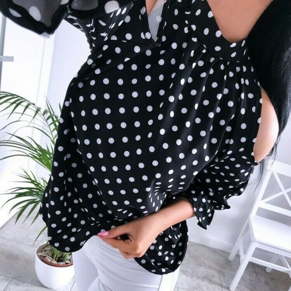 The Best Women's Ruffle Cold Shoulder Long Sleeve Polka Dot Crop Top Shirt Ladies Casual Party Loose Tops T-Shirt Top Online - Takalr