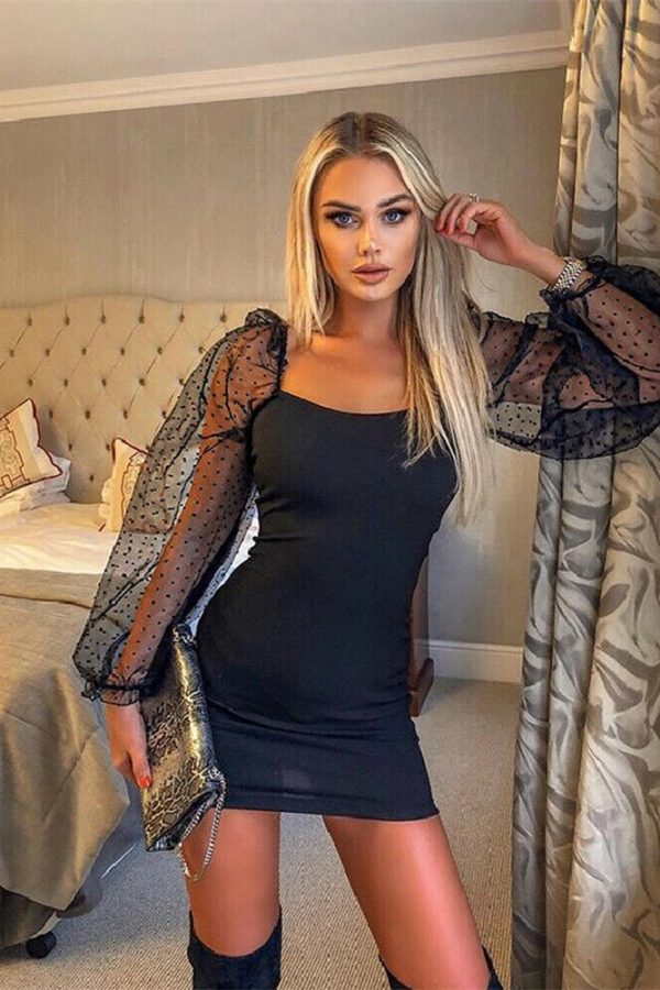 The Best Women's See Through Mesh Puff Sleeve Office Ladies Square Neck Party Sexy Bodycon Pencil Mini Dress Clubwear Online - Takalr