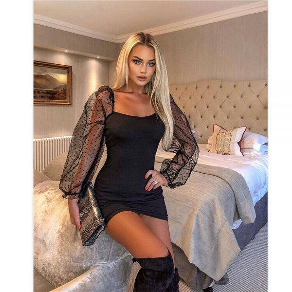 The Best Women's See Through Mesh Puff Sleeve Office Ladies Square Neck Party Sexy Bodycon Pencil Mini Dress Clubwear Online - Takalr