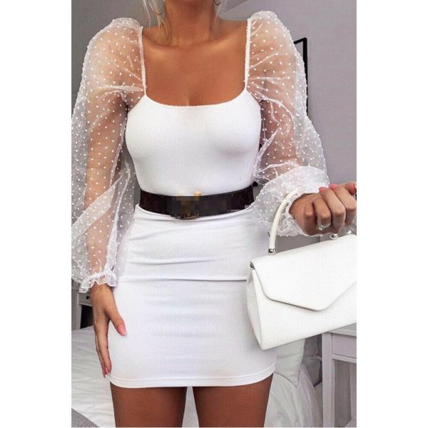 The Best Women's See Through Mesh Puff Sleeve Office Ladies Square Neck Party Sexy Bodycon Pencil Mini Dress Clubwear Online - Takalr