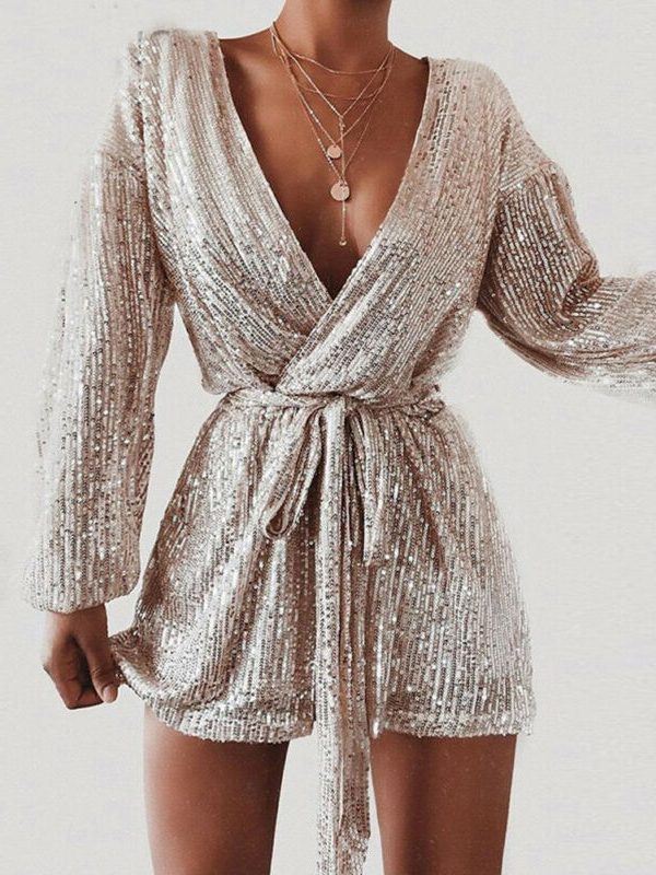 The Best Women's Sequins Bodycon Jumpsuit Fashion Long Sleeve Party Bandage Deep V Neck Playsuit Shorts Romper Bodycon Trousers Online - Takalr