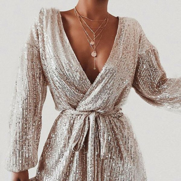 The Best Women's Sequins Bodycon Jumpsuit Fashion Long Sleeve Party Bandage Deep V Neck Playsuit Shorts Romper Bodycon Trousers Online - Takalr