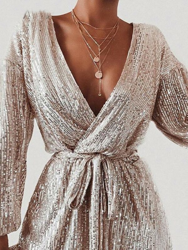 The Best Women's Sequins Bodycon Jumpsuit Fashion Long Sleeve Party Bandage Deep V Neck Playsuit Shorts Romper Bodycon Trousers Online - Takalr