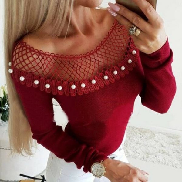 The Best Women's Sexy Blouse Off Shoulder Hollow Out Beaded Tee shirt Ladies Casual Long Sleeve Bodycon Slim Fit Tops Online - Takalr