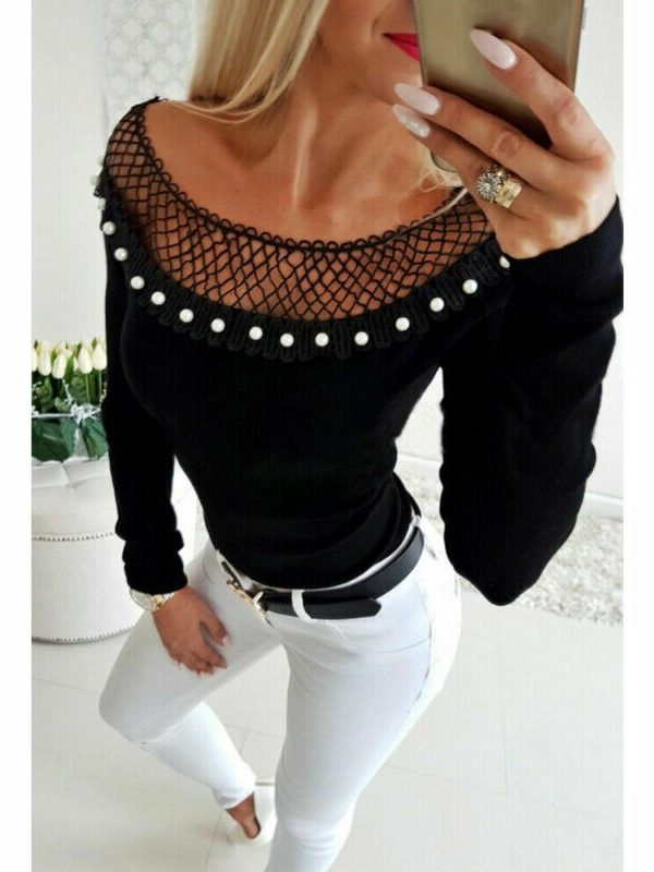 The Best Women's Sexy Blouse Off Shoulder Hollow Out Beaded Tee shirt Ladies Casual Long Sleeve Bodycon Slim Fit Tops Online - Takalr