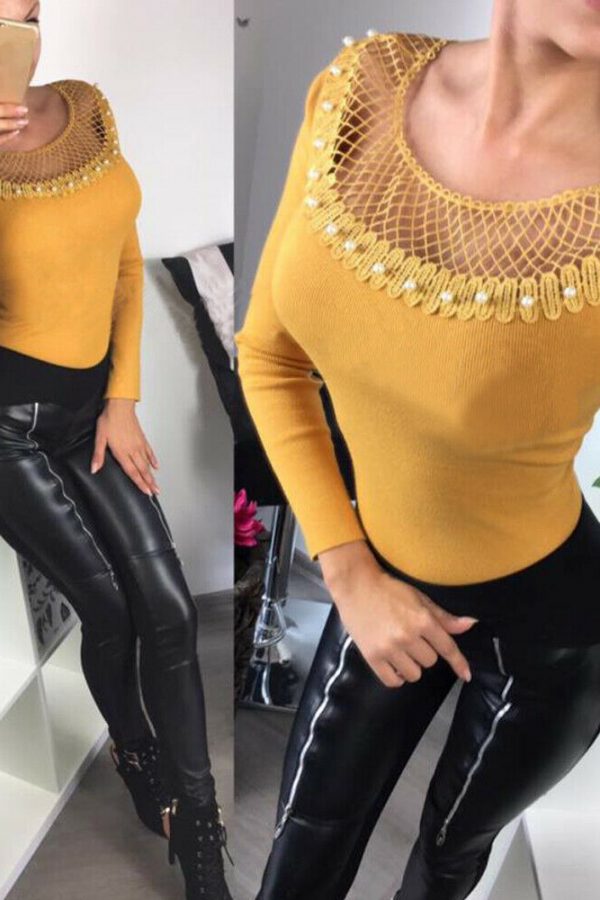 The Best Women's Sexy Blouse Off Shoulder Hollow Out Beaded Tee shirt Ladies Casual Long Sleeve Bodycon Slim Fit Tops Online - Takalr