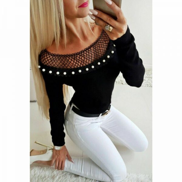 The Best Women's Sexy Blouse Off Shoulder Hollow Out Beaded Tee shirt Ladies Casual Long Sleeve Bodycon Slim Fit Tops Online - Takalr