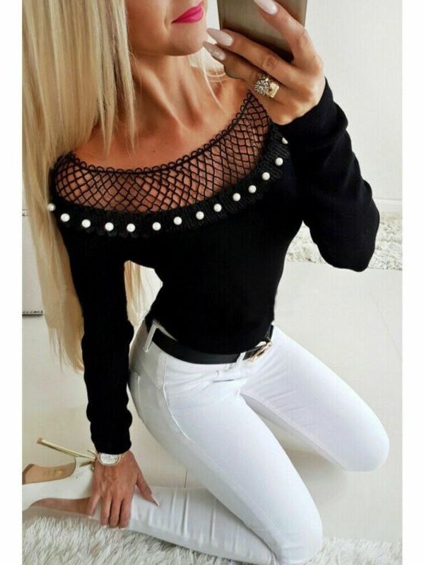 The Best Women's Sexy Blouse Off Shoulder Hollow Out Beaded Tee shirt Ladies Casual Long Sleeve Bodycon Slim Fit Tops Online - Takalr