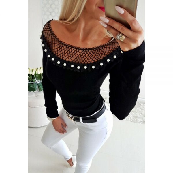 The Best Women's Sexy Blouse Off Shoulder Hollow Out Beaded Tee shirt Ladies Casual Long Sleeve Bodycon Slim Fit Tops Online - Takalr