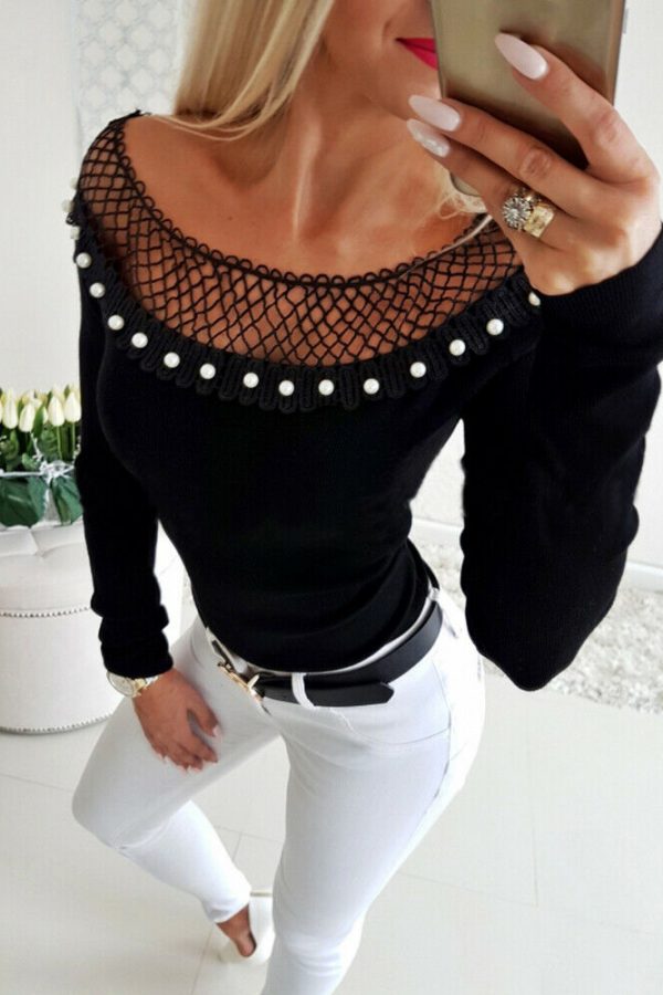 The Best Women's Sexy Blouse Off Shoulder Hollow Out Beaded Tee shirt Ladies Casual Long Sleeve Bodycon Slim Fit Tops Online - Takalr