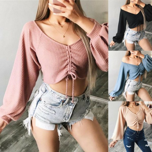 The Best Women's Sexy Off Shoulder V-neck Knit Crop Tops Ladies Fashion Flared Long Sleeve Loose Solid Shirt Tunic Blouse Online - Takalr