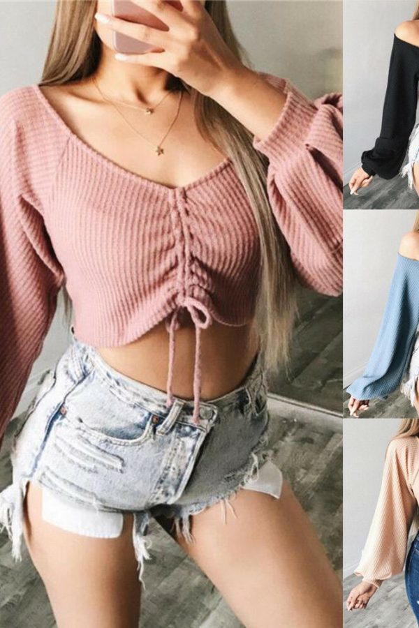 The Best Women's Sexy Off Shoulder V-neck Knit Crop Tops Ladies Fashion Flared Long Sleeve Loose Solid Shirt Tunic Blouse Online - Takalr