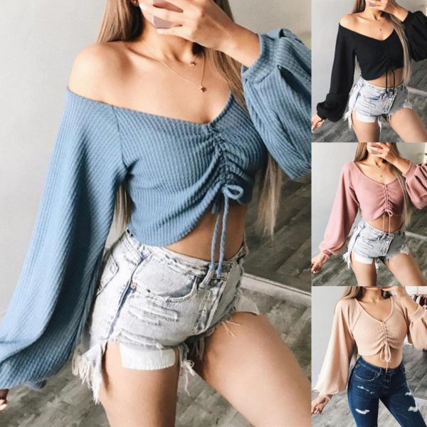 The Best Women's Sexy Off Shoulder V-neck Knit Crop Tops Ladies Fashion Flared Long Sleeve Loose Solid Shirt Tunic Blouse Online - Takalr