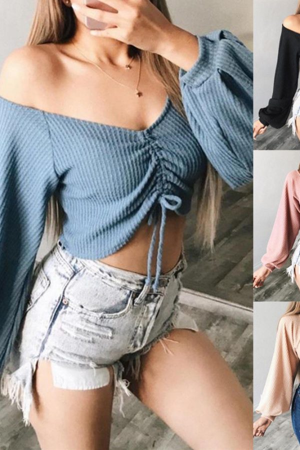 The Best Women's Sexy Off Shoulder V-neck Knit Crop Tops Ladies Fashion Flared Long Sleeve Loose Solid Shirt Tunic Blouse Online - Takalr