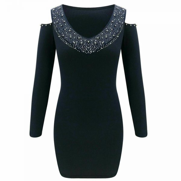 The Best Women's Sexy V-Neck Long Sleeve Rhinestone Collar Dress Off Shoulder Short Knitted Bodycon Jumper Dress Winter Sweater Top Dress Online - Takalr