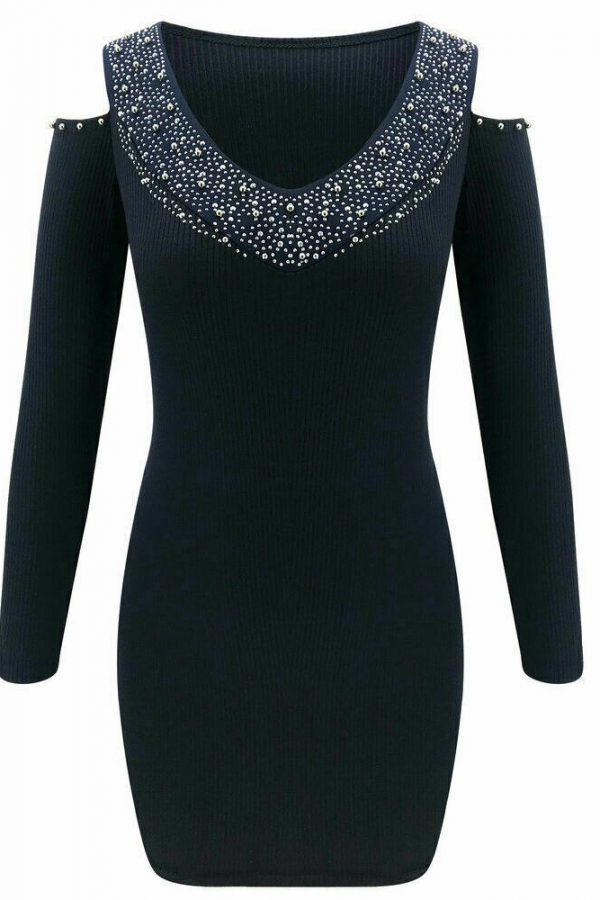 The Best Women's Sexy V-Neck Long Sleeve Rhinestone Collar Dress Off Shoulder Short Knitted Bodycon Jumper Dress Winter Sweater Top Dress Online - Takalr