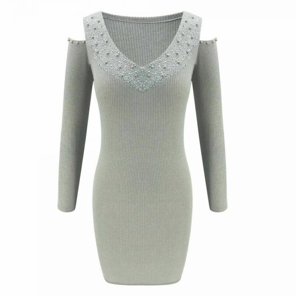 The Best Women's Sexy V-Neck Long Sleeve Rhinestone Collar Dress Off Shoulder Short Knitted Bodycon Jumper Dress Winter Sweater Top Dress Online - Takalr