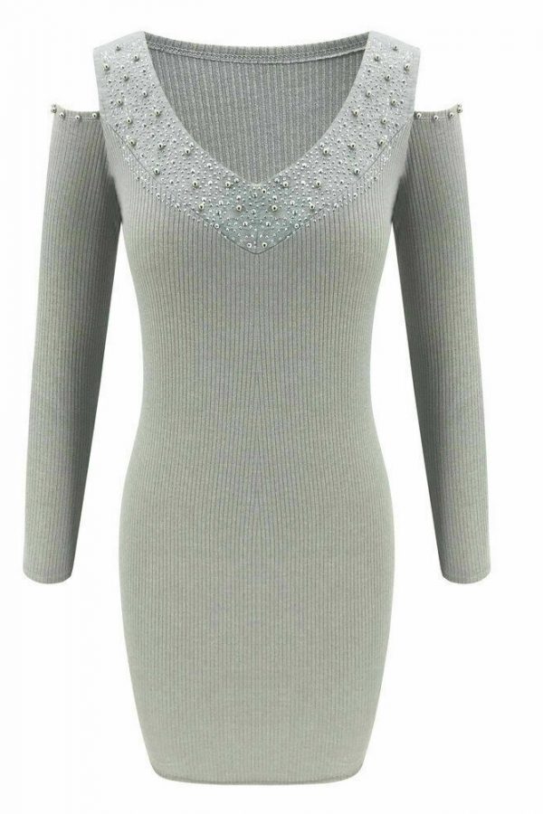 The Best Women's Sexy V-Neck Long Sleeve Rhinestone Collar Dress Off Shoulder Short Knitted Bodycon Jumper Dress Winter Sweater Top Dress Online - Takalr