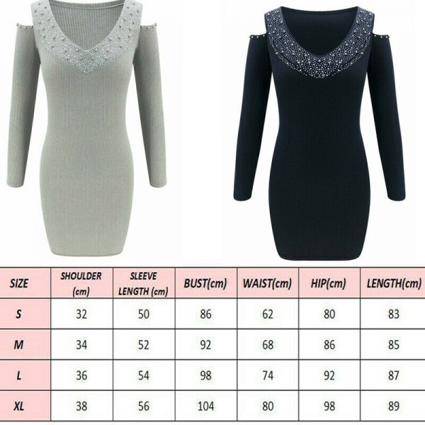 The Best Women's Sexy V-Neck Long Sleeve Rhinestone Collar Dress Off Shoulder Short Knitted Bodycon Jumper Dress Winter Sweater Top Dress Online - Takalr