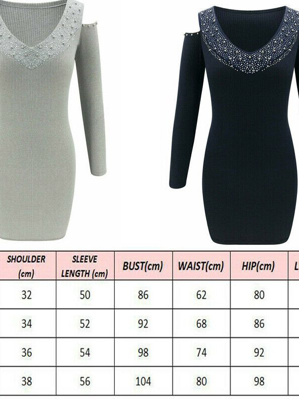 The Best Women's Sexy V-Neck Long Sleeve Rhinestone Collar Dress Off Shoulder Short Knitted Bodycon Jumper Dress Winter Sweater Top Dress Online - Takalr