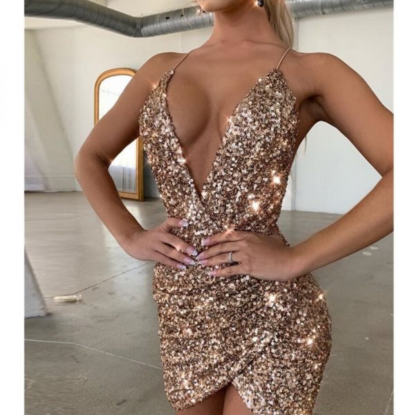 The Best Women's Sexy V Neck Straps Backless Bodycon Sequin Dress Irregular Sexy Sequin Dress Sexy Ladies V-Neck Sequined Dress Online - Takalr