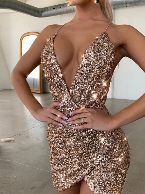 The Best Women's Sexy V Neck Straps Backless Bodycon Sequin Dress Irregular Sexy Sequin Dress Sexy Ladies V-Neck Sequined Dress Online - Takalr