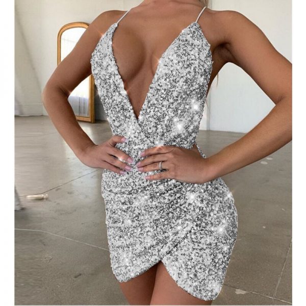 The Best Women's Sexy V Neck Straps Backless Bodycon Sequin Dress Irregular Sexy Sequin Dress Sexy Ladies V-Neck Sequined Dress Online - Takalr