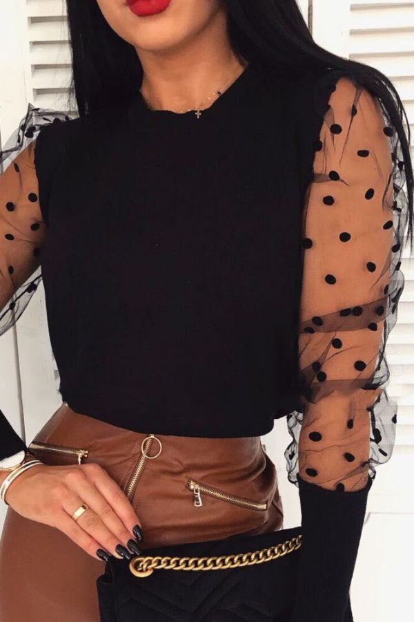 The Best Women's Sheer Mesh See-through Blouse 2019 New Fashion Elegant Slim Polka Dot Puff Long Sleeve Tops Shirt Turtleneck Fall Blouse Online - Takalr