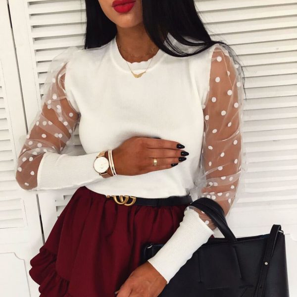 The Best Women's Sheer Mesh See-through Blouse 2019 New Fashion Elegant Slim Polka Dot Puff Long Sleeve Tops Shirt Turtleneck Fall Blouse Online - Takalr