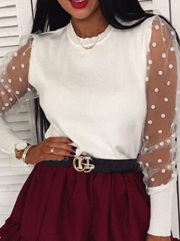 The Best Women's Sheer Mesh See-through Blouse 2019 New Fashion Elegant Slim Polka Dot Puff Long Sleeve Tops Shirt Turtleneck Fall Blouse Online - Takalr