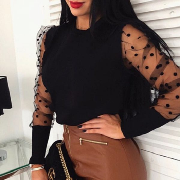 The Best Women's Sheer Mesh See-through Blouse 2019 New Fashion Elegant Slim Polka Dot Puff Long Sleeve Tops Shirt Turtleneck Fall Blouse Online - Takalr